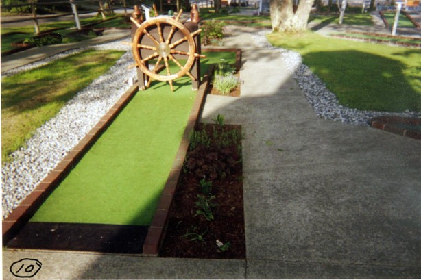 The ship's wheel obstacle on the Dolphin Mini Golf course