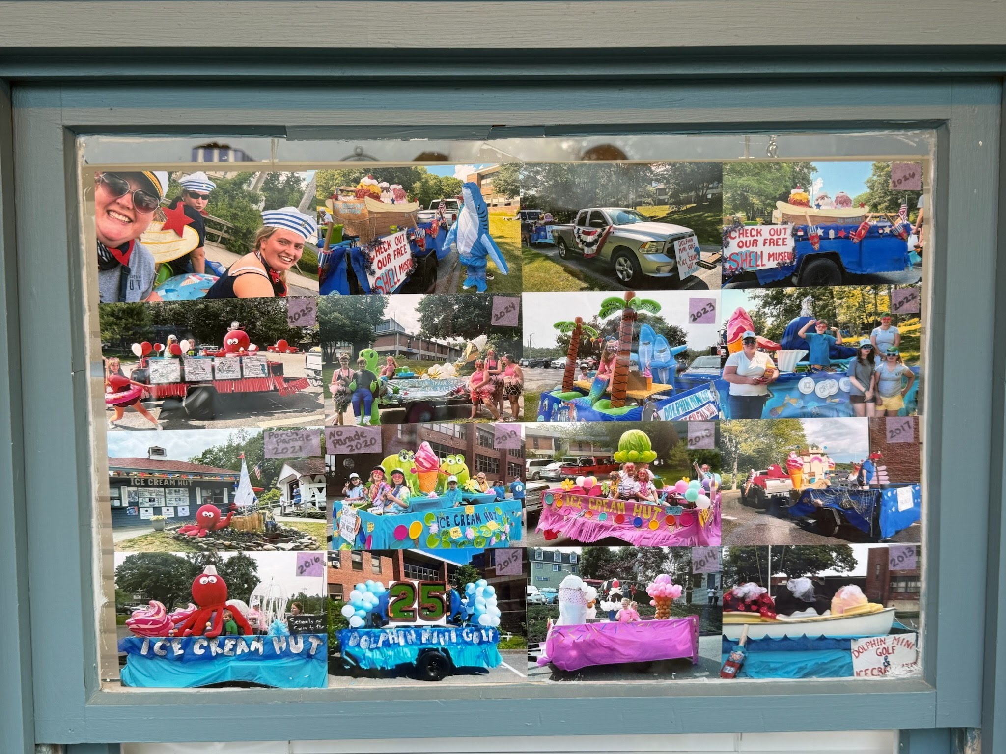 Pictures of the Dolphin Mini Golf staff on their float at the Windjammer parade
